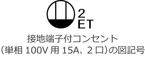 �ڒn�[�q�t�R���Z���g�i�P��100V�p�A��i�d��15A�A2���j�̐}�L��