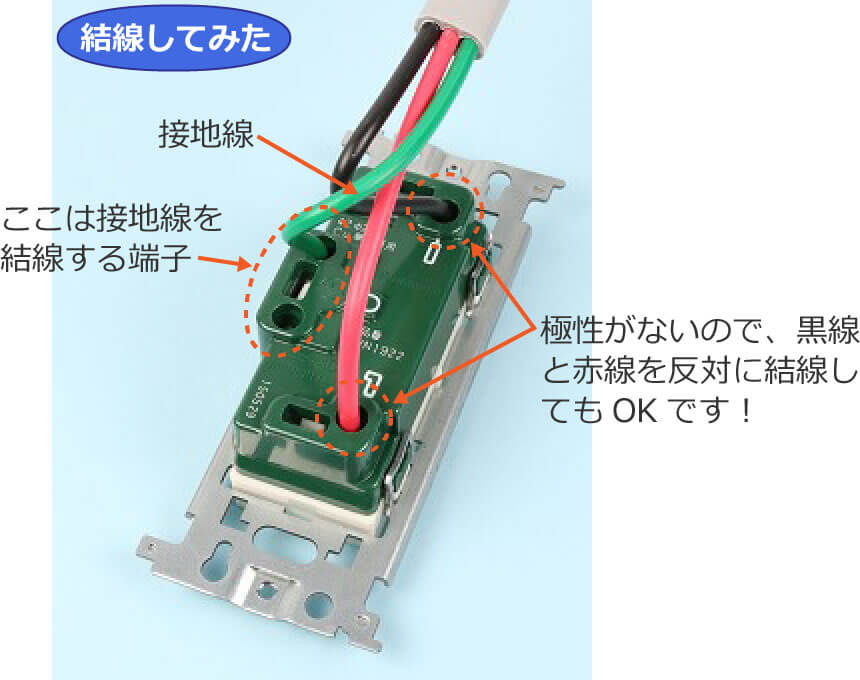 �ڒn�ɕt�R���Z���g�i�P��200V�p�j�͋ɐ����Ȃ��̂ō����ƐԐ����ǂ���Ɍ������Ă�OK�B�������A�ڒn�������������[�q�ɂ͗ΐ�����������