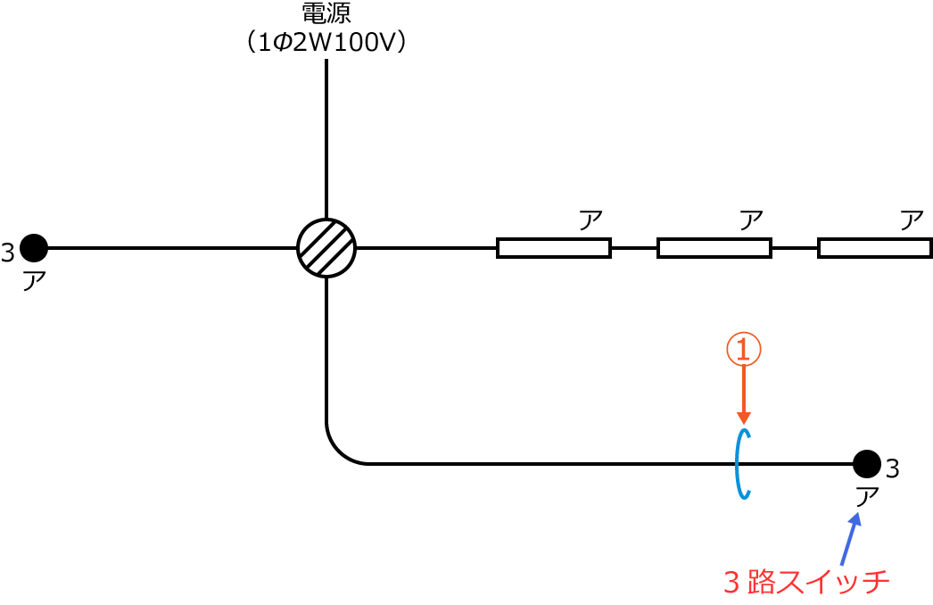 問題4の単線図と3路スイッチ
