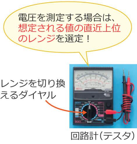 回路計で電圧を測定する場合は、想定される値の直近上位のレンジを選定する