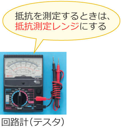 回路計で抵抗を測定するときは抵抗測定レンジに切り換える