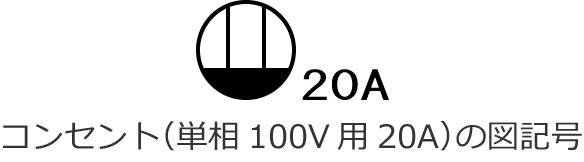 コンセント（単相100V用、定格電流20A）の図記号