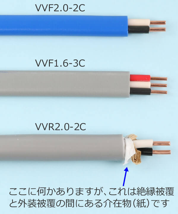 VVF2.0-2C、VVF1.6-3C、VVR2.0-2Cのケーブル