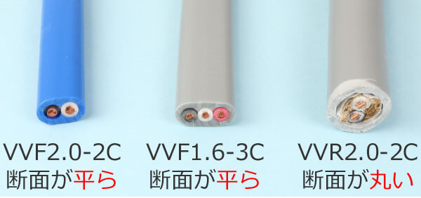 VVF2.0-2C、VVF1.6-3C、VVR2.0-2Cのケーブルの断面