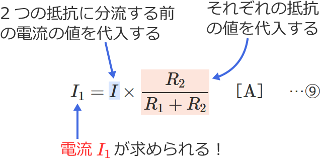 分流の公式の使い方（電流I1を求める場合）