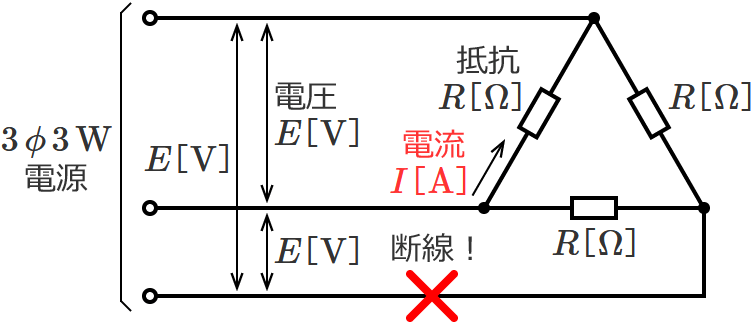 Δ結線の三相3線式回路（1線が断線した場合の抵抗に流れる電流の公式）（1）