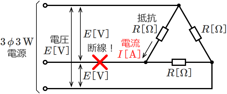 Δ結線の三相3線式回路（1線が断線した場合の抵抗に流れる電流の公式）（2）