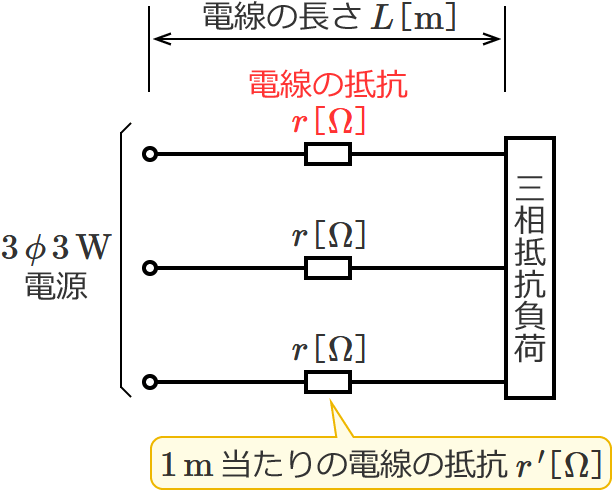 三相3線式回路（電線の抵抗の公式）
