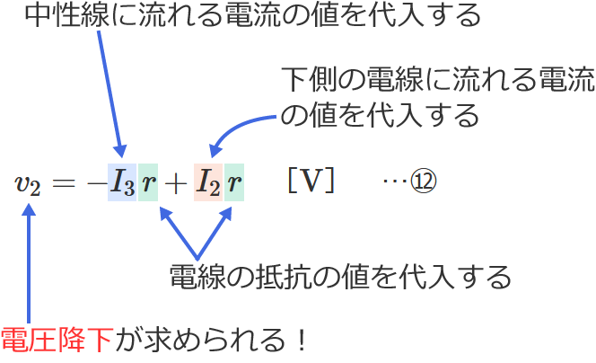 中性線に左向きの電流が流れる場合の電圧降下v2の公式の使い方（単相3線式回路）