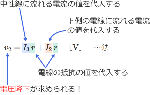 中性線に右向きの電流が流れる場合の電圧降下v2の公式の使い方（単相3線式回路）