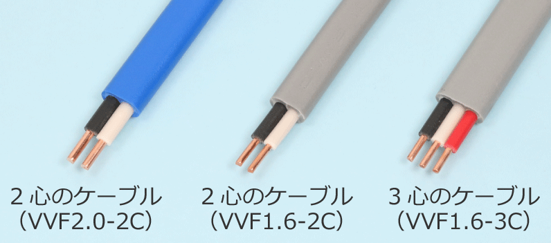 2心と3心のケーブルの絶縁被覆の色（VVF2.0-2C、VVF1.6-2C、VVF1.6-3C）