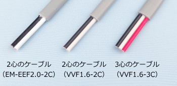 2心と3心のケーブルの絶縁被覆の色（EM-EEF2.0-2C、VVF1.6-2C、VVF1.6-3C）