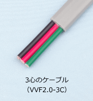 3心ケーブルの絶縁被覆の色（VVF2.0-3C（黒、赤、緑））