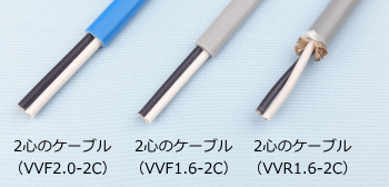 2心ケーブルの絶縁被覆の色（VVF2.0-2C、VVF1.6-2C、VVR1.6-2C）