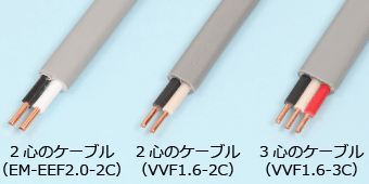 2心と3心のケーブルの絶縁被覆の色（EM-EEF2.0-2C、VVF1.6-2C、VVF1.6-3C）