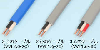 2心と3心のケーブルの絶縁被覆の色（VVF2.0-2C、VVF1.6-2C、VVF1.6-3C）
