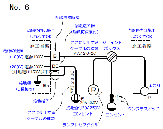 平成26年度第二種電気工事士技能試験の候補問題No.6の単線図の説明図