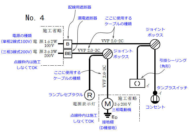平成27年度（2015年度）第二種電気工事士技能試験候補問題No4の単線図の解説図