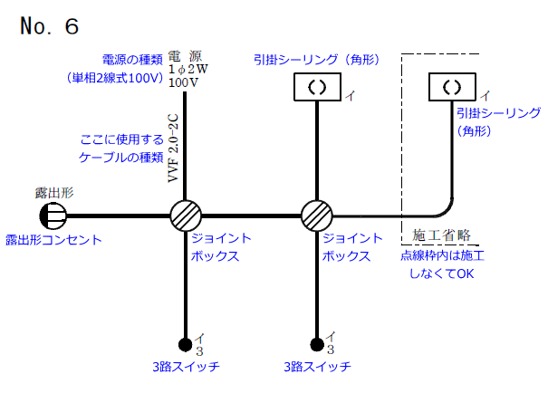 平成27年度（2015年度）第二種電気工事士技能試験候補問題No6の単線図の解説図