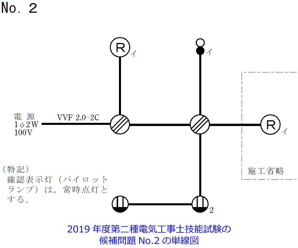 2019年度（令和元年度）第二種電気工事士技能試験の候補問題No.2の単線図（配線図）