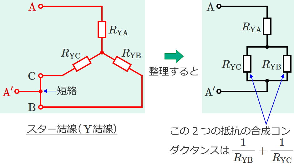 スター結線の端子A-A'間の抵抗の接続