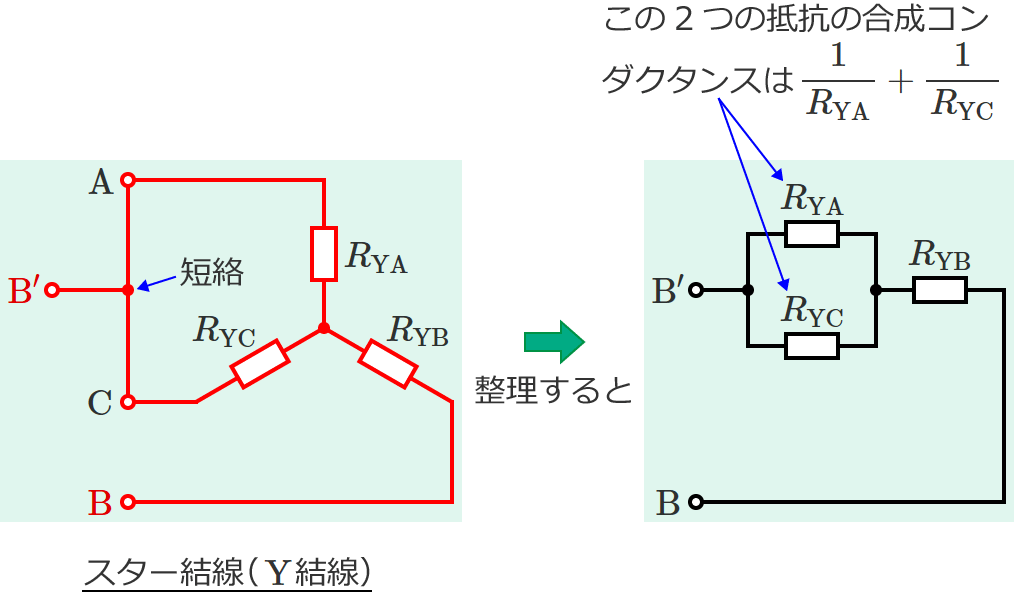 スター結線の端子B-B'間の抵抗の接続