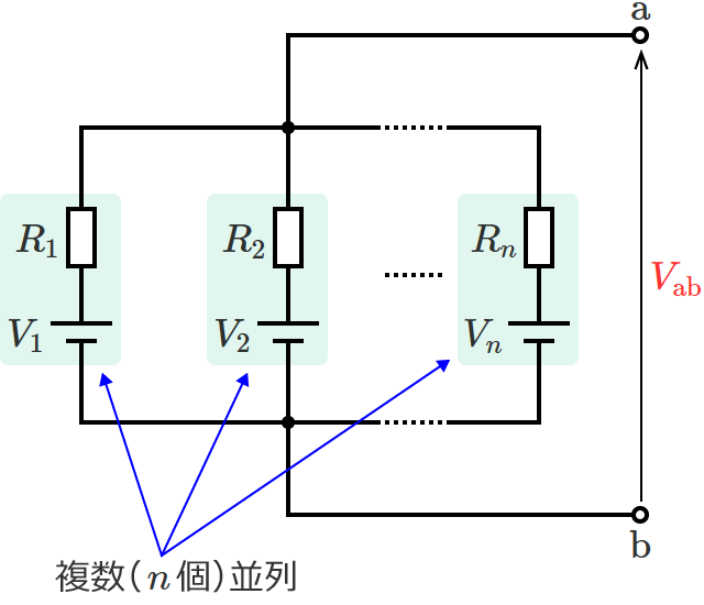 抵抗と電源の直列接続が複数並列に接続されている回路