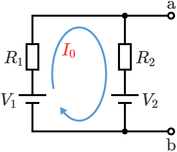 抵抗R3を取り外したときの回路（電流I0は右回りに流れるものと仮定する）